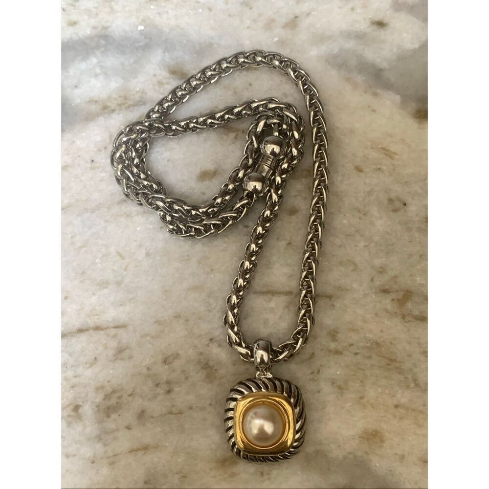 Silver Magnetic Chain with Silver Gold Pearl Pendant and matching Clip Earrings